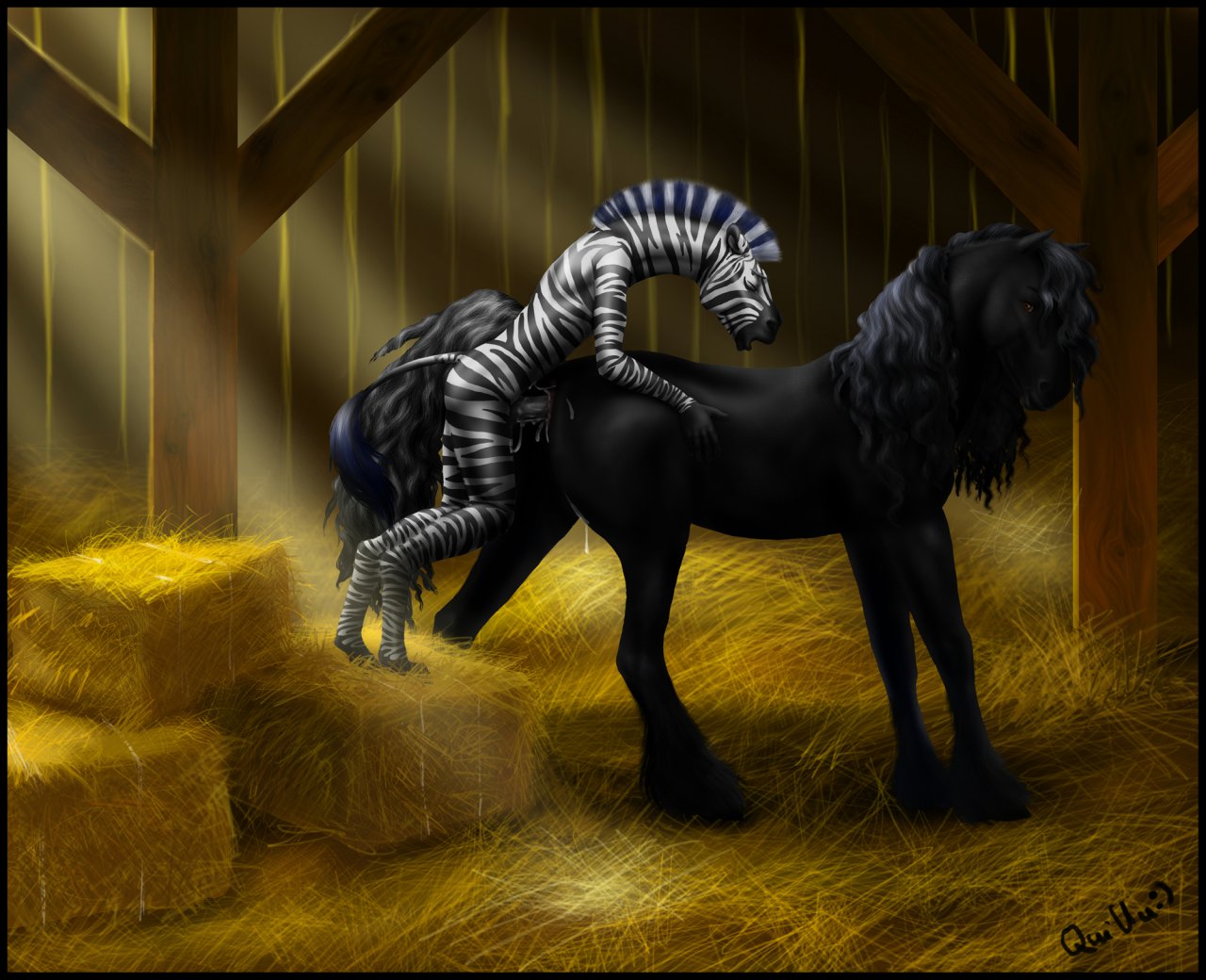 anthro_on_feral anthromorph barn cum equine female feral friesian furry hay hooves horse interspecies male no_humans original penis pussy quillu straight zebra