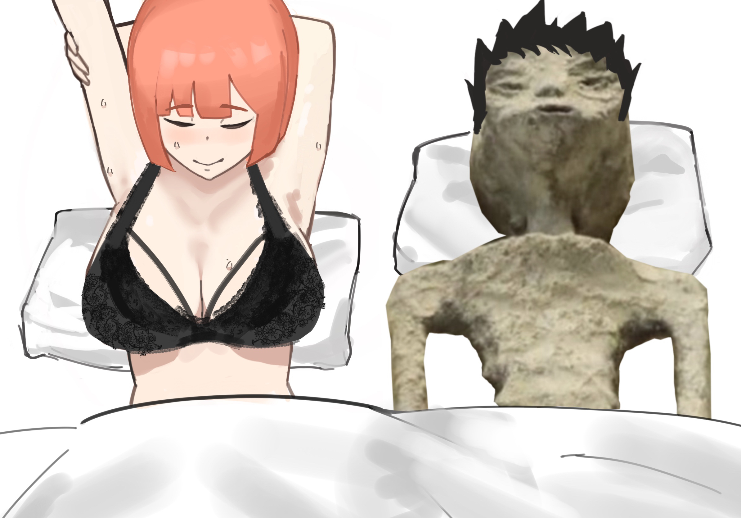 1boy, 1girls, alternate version available, black hair, bra, dad (japanese mcdonald's commercial), female, husband and wife, lingerie, male, mcdonald's, meme, mom (japanese mcdonald's commercial), orange hair, red hair, short hair, sweat, white background, yoru mac