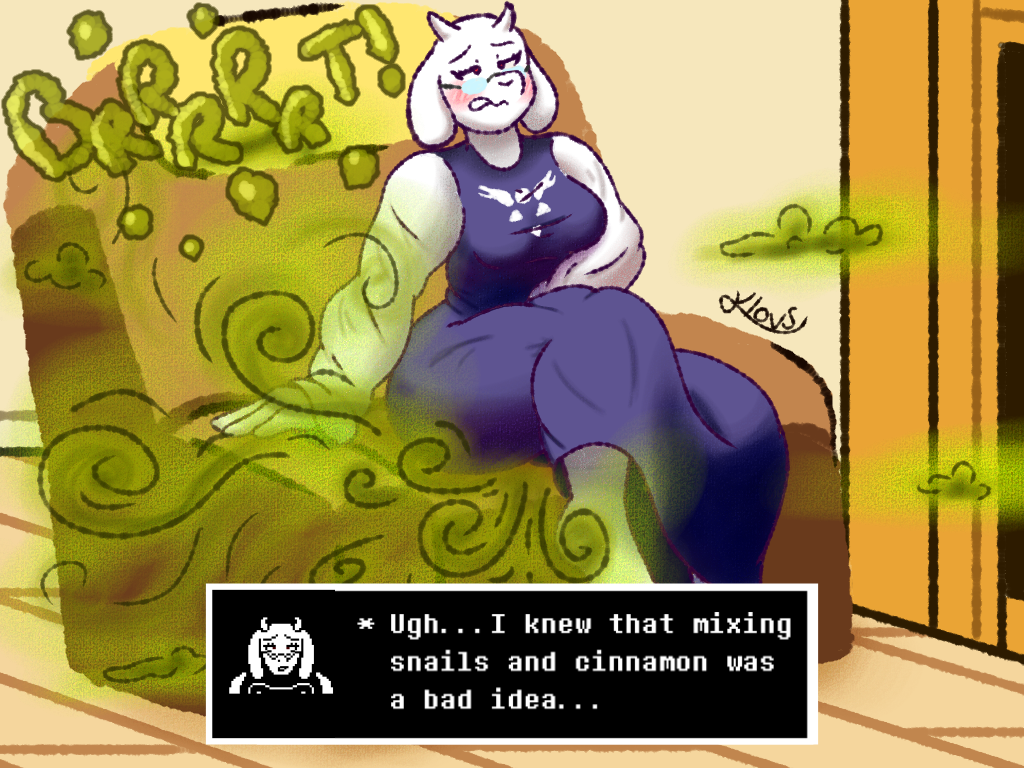 anthro couch embarrassed fart fart_cloud fart_fetish farting female gassy gassy_female klovs solo stomach_ache toriel tummy_grab undertale upset_stomach