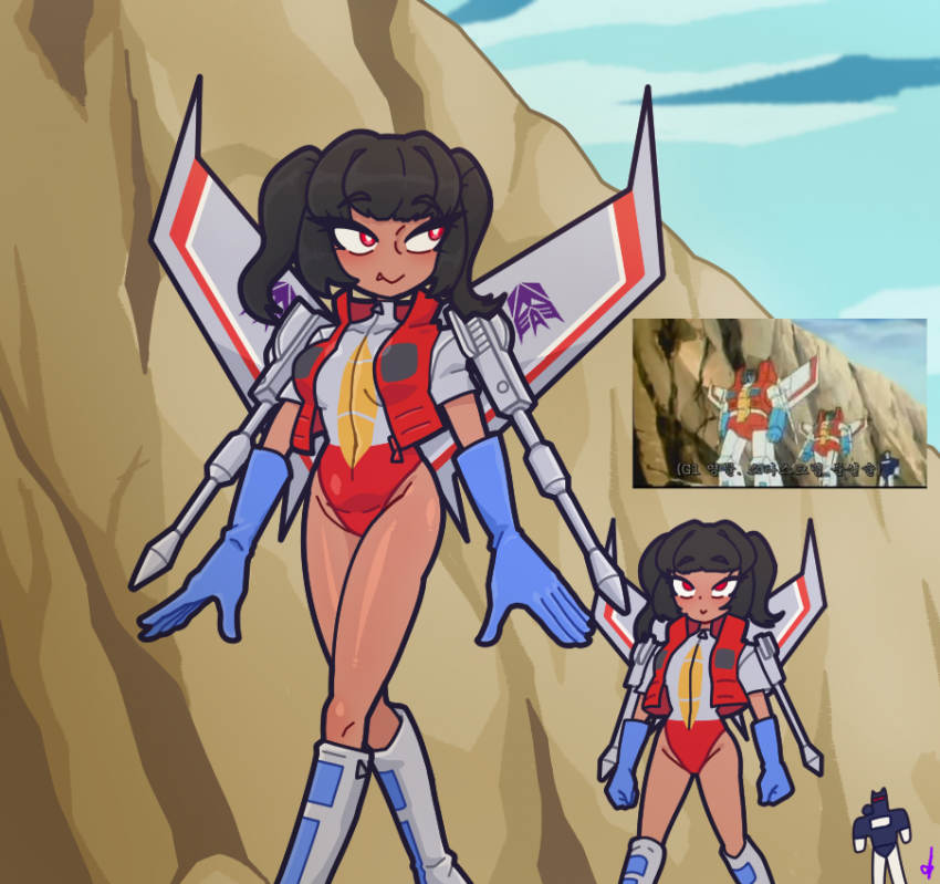 2girls fanart genderswap_(mtf) gijinka japanese_text rule_63 soundwave starscream tan thighs transformers transformers_g1