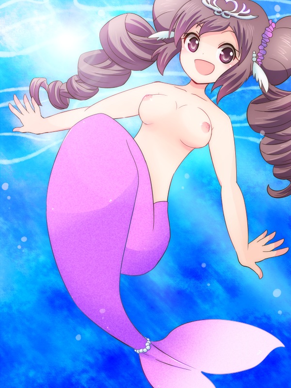 ara_ayagawa breasts brown_eyes brown_hair double_bun drill_hair female female_only mermaid nintendo nipples pokemon pokemon_bw2 rosa_(pokemon) solo