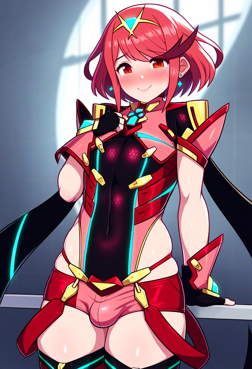 1boy ai_generated alternate_costume bulge core_crystal_(xenoblade) cowboy_shot femboy flat_chest genderswap_(ftm) indoors lips otoko_no_ko puffy_chest pyra pyra_(xenoblade) red_shorts robofun shiny_skin sissy skin_tight thighhighs trap xenoblade_chronicles_2