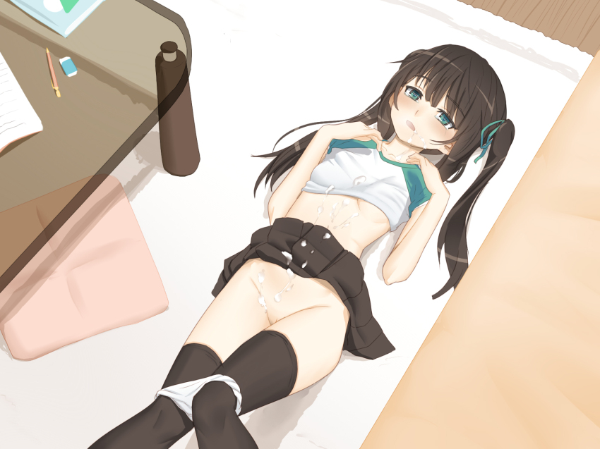 aqua eyes, black hair, black legwear, blush, cum, cum on body, cum on clothes, eraser, facial, female, hair ribbon, high resolution, incest, long hair, lying, on back, open mouth, original, osaru (yuuen-dou), panties, panty pull, pen, pussy, ribbon, shino (osaru), skirt, skirt lift, solo, table, tear, thighhighs, tied hair, twintails, underwear, white panties