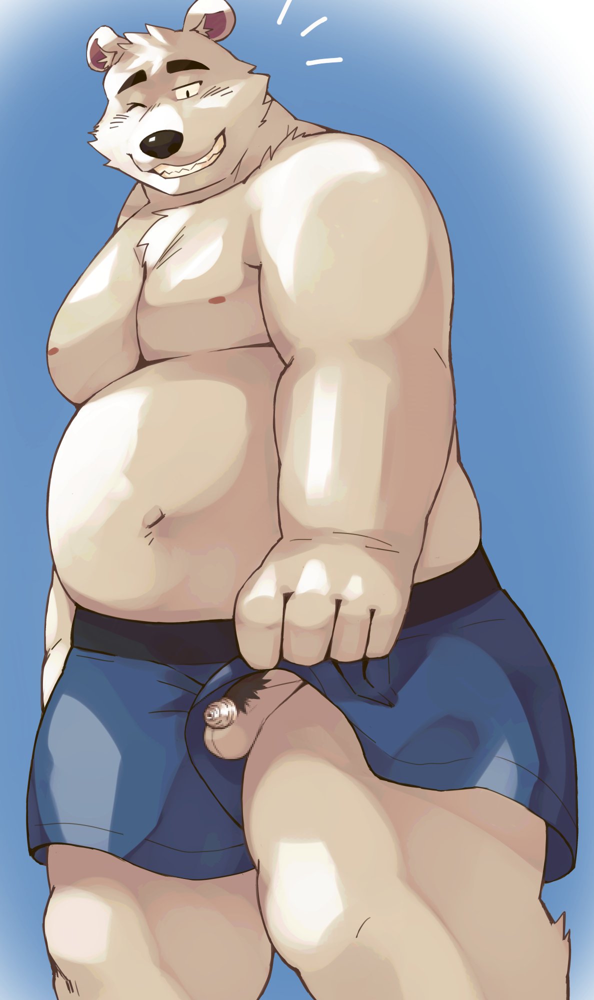 2024 anthro arufina_w bear belly black_nose clothing flaccid genitals hi_res humanoid_hands kemono male mammal micropenis moobs navel nipples one_eye_closed overweight overweight_male penis polar_bear pubes small_penis solo underwear ursine white_body wink