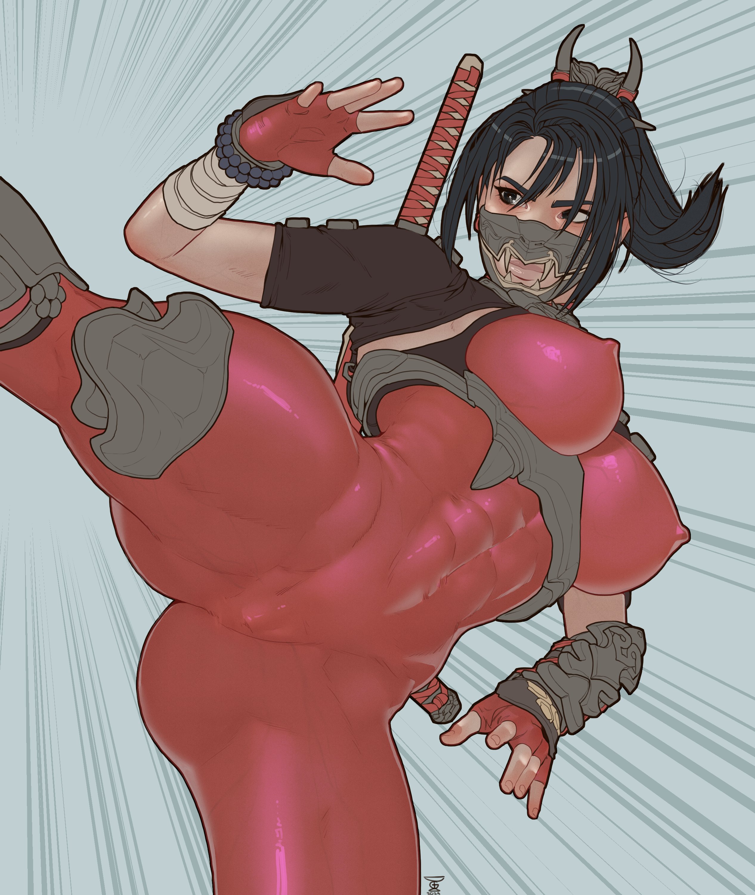 1girls, 2024, 2d, 2d (artwork), abs, action pose, alternate version available, armor, ass, black hair, bodysuit, breasts, cameltoe, clothed female, female, female only, fingerless gloves, fully clothed, galaad1800, gloves, heroine, human, human only, kicking, large ass, large breasts, light skin, light-skinned female, looking at viewer, muscular, muscular female, ninja, nipple bulge, pussy, questionable, skin tight, solo, solo female, soul calibur, sword, taki (soulcalibur), thick thighs, weapon, wide hips