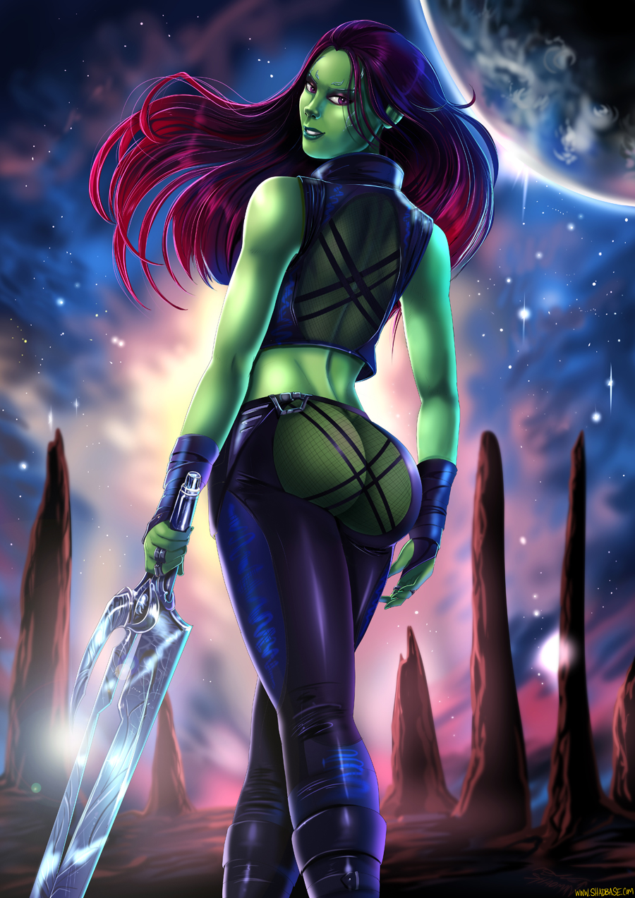 1girls, 2d, alien, alien girl, alien look like human, ass, disney, female, female only, gamora, green skin, green-skinned female, guardians of the galaxy, latex, long hair, looking back, marvel, marvel comics, red eyes, red hair, see-through, shadman, skin tight, smile, solo, standing, sword, tight clothes, weapon