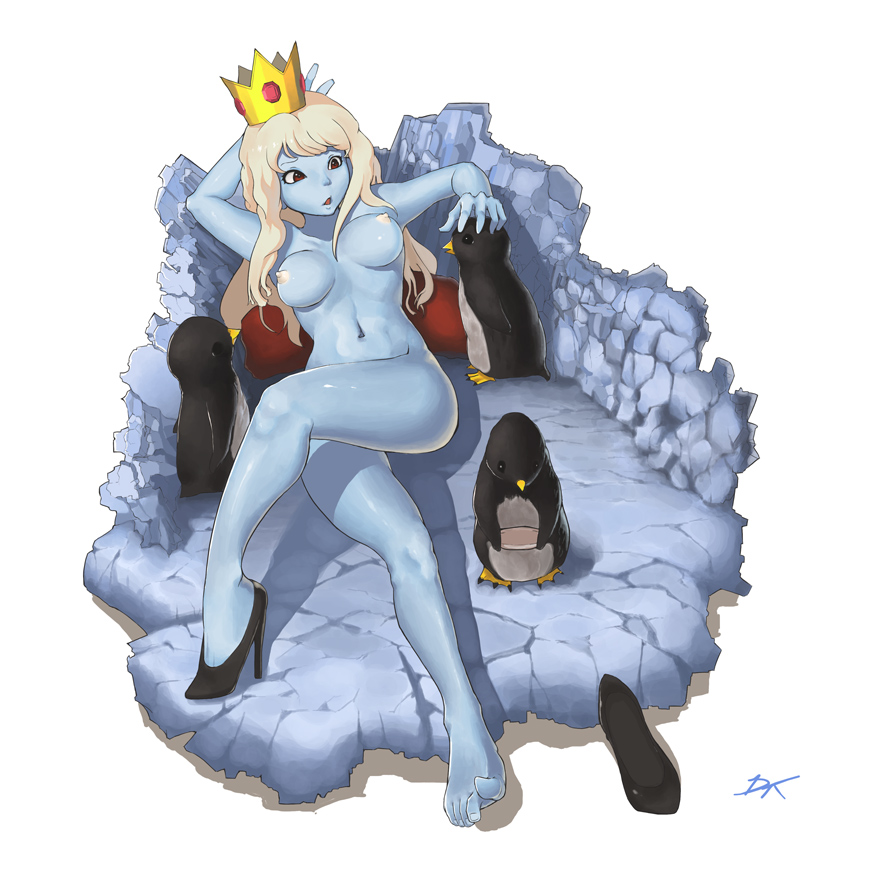 1girls, adventure time, blue skin, breasts, crown, female, heels, ice queen (adventure time), long hair, nipples, penguin, red eyes, rule 63, solo, white background, white hair