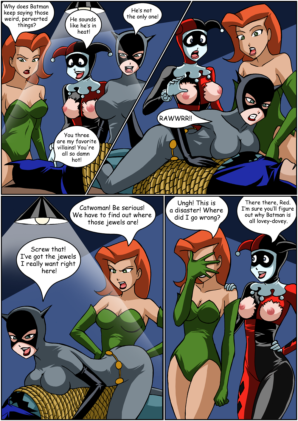 1boy 3girls ass batman batman:_the_animated_series batman_(series) big_breasts bondage breasts catwoman catwoman_(dcau) comic comic_page dc_comics dcau dialogue drawnthatwayxx english_text facepalm female femdom harley_quinn harley_quinn_(classic) justicehentai.com multiple_girls nipples poison_ivy poison_ivy_(dcau) red_hair speech_bubble superhero supervillainess tied_up torn_clothing