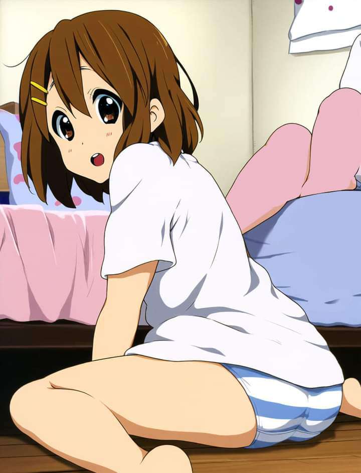 1girls, ass, brown eyes, brown hair, female, female only, human, human only, k-on!, legs, looking back, panties, yui hirasawa (k-on!)