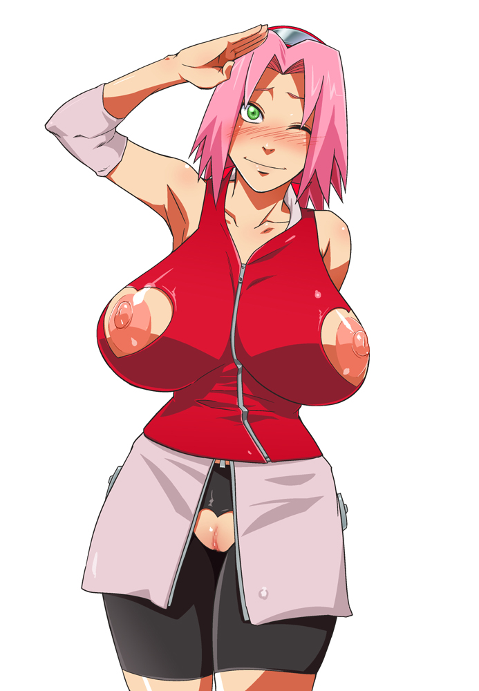areolae, armpits, breasts, erect nipples, female, female only, green eyes, heart cutout, huge breasts, human, naruto, naruto (series), naruto shippuden, nipples, pink hair, puffy nipples, sakura haruno, short hair, solo, sunahara wataru