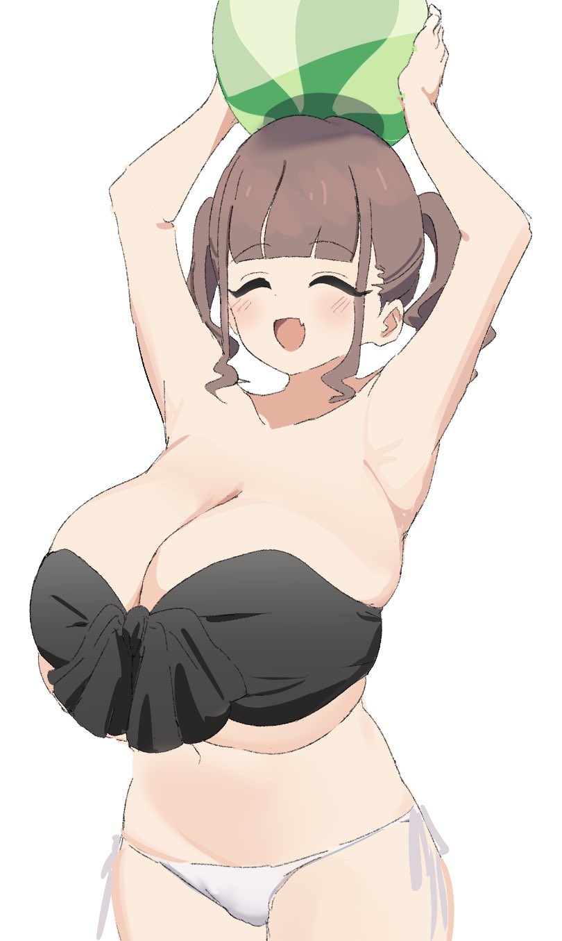 armpits arms_up beach_ball brown_hair closed_eyes cute fangs holding_ball huge_breasts original original_character short_twintails sidelocks smile swimsuit throwing