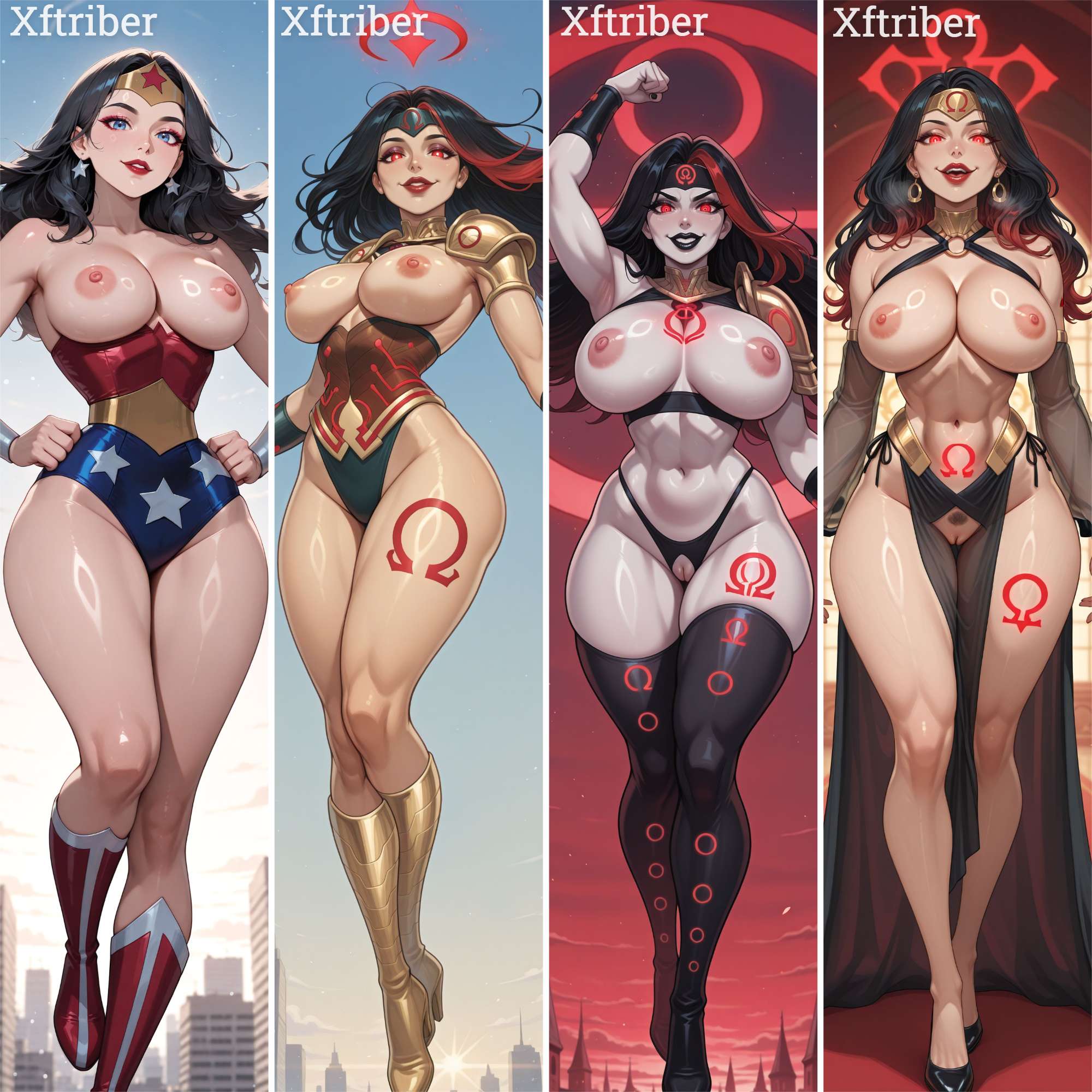 1girls, ai generated, before and after, black hair, black lips, black makeup, bracelets, brainwashed, brainwashing, breast expansion, breasts, breasts out, comparing, corrupted, corruption, dc, dc comics, diana of themyscira, diana prince, earrings, electricity, evil smile, female, glowing eyes, happy, happy female, harem girl, harem outfit, headband, hypnosis, hypnotized, justice league, large breasts, leotard, makeup, mind break, mind control, mindbreak, nipples, omega symbol, pale-skinned female, personality change, pussy, pussy tattoo, red eyes, red lipstick, sex slave, sexy body, sexy pose, shoulder armor, slave, slave girl, slave outfit, superhero, superhero costume, superheroine, tattoo, tattoo on legs, thong, tiara, transformation, voluptuous female, wonder woman, wonder woman (series), xftriber