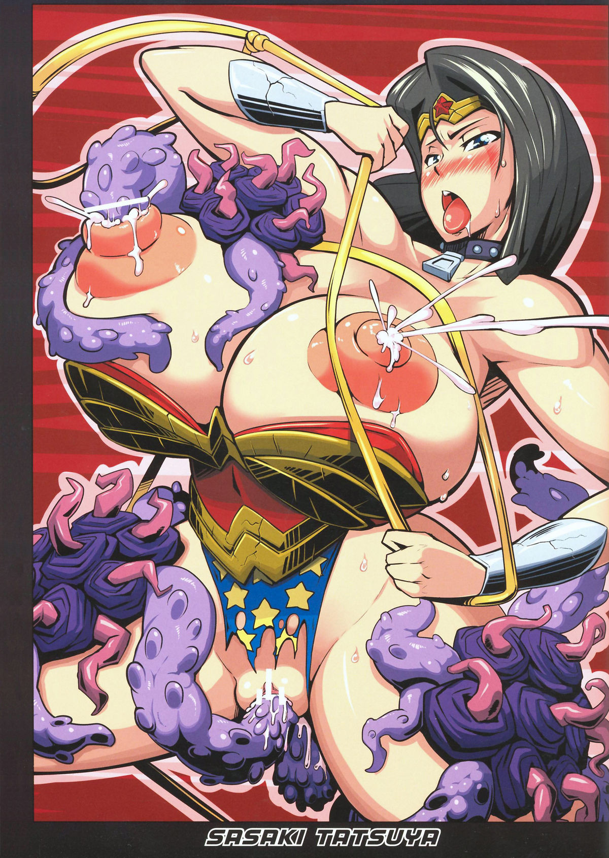 areolae, black hair, blush, breast squeeze, breasts, bursting breasts, collar, dc, dc comics, erect nipples, female, huge breasts, lactation, large areolae, long hair, nipple penetration, nipples, puffy nipples, sasaki tatsuya, sweat, tentacle, torn clothes, whip, wonder woman, wonder woman (series)