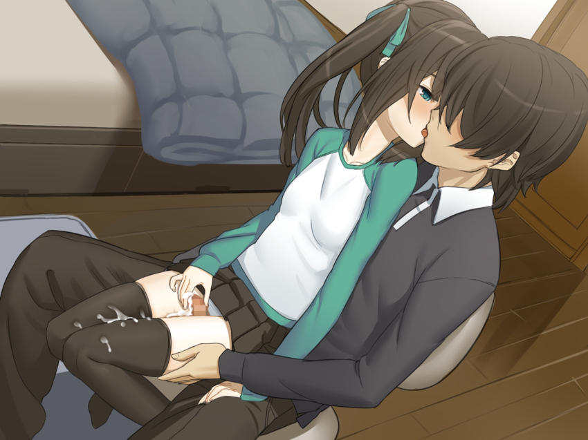 1boy, 1girls, aqua eyes, bed, black hair, black legwear, blush, brother and sister, censored, cum, cum on body, cum on clothes, cum on lower body, dutch angle, female, french kiss, hair over eyes, hair ribbon, high resolution, incest, kissing, male, mosaic censoring, no shoes, original, osaru (yuuen-dou), outercourse, penis, ribbon, shino (osaru), siblings, sitting, sitting on lap, sitting on person, skirt, thigh sex, thighhighs, tied hair, twintails