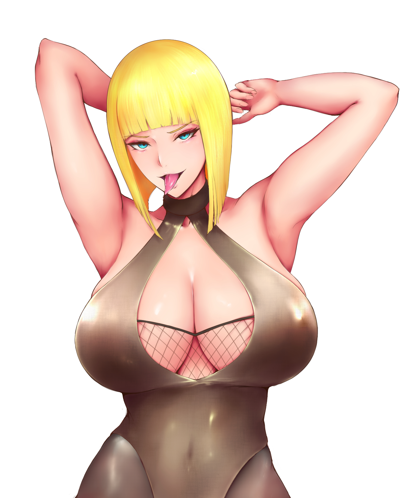 1girls, 2d, armpits, arms behind head, arms up, big breasts, blonde hair, blunt bangs, bob cut, breasts, center opening, cleavage, female, female only, heels, hi res, huge breasts, large breasts, light skin, light-skinned female, looking at viewer, mature, mature female, naruto, naruto (series), naruto shippuden, one-piece swimsuit, open mouth, pale skin, pale-skinned female, pinup, pose, posing, revealing swimsuit, samui, short hair, simple background, sohaya, solo, solo focus, spread legs, squatting, standing, sticking out tongue, swimsuit, tongue, tongue out, upper body, voluptuous, voluptuous female