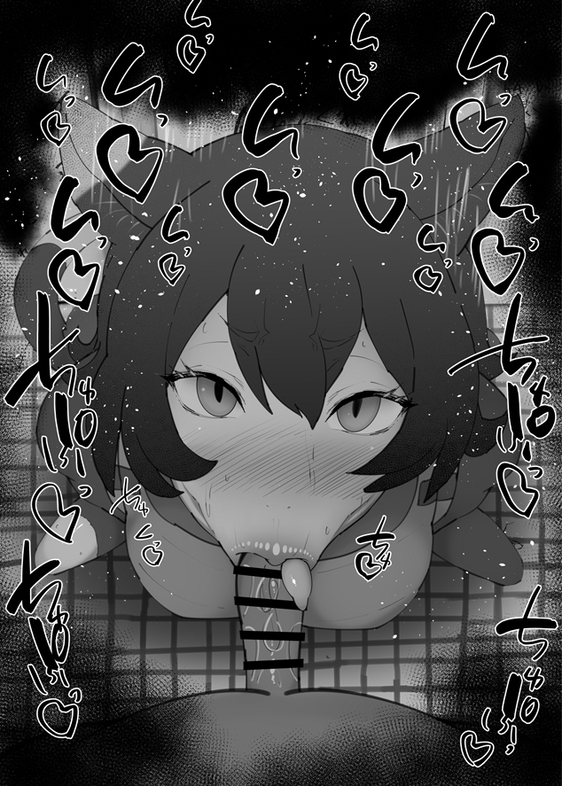:>=, 1boy, 1girls, animal ears, bare shoulders, big penis, black and white, blowjob, blush, breasts, cat ears, cat girl, catgirl, censored, dark skin, dark-skinned male, detailed background, dress, drooling, dungeon meshi, eyelashes, fellatio, female, heart, humanoid, indoor, indoors, interspecies, izutsumi, kurotama, looking at viewer, male, male pov, on knees, oral, oral sex, penis, pov, saliva, shiny, shiny skin, short hair, sketch, small breasts, sound effects, squatting, tail, text, tongue, tongue out, vein, veins, veiny, veiny penis
