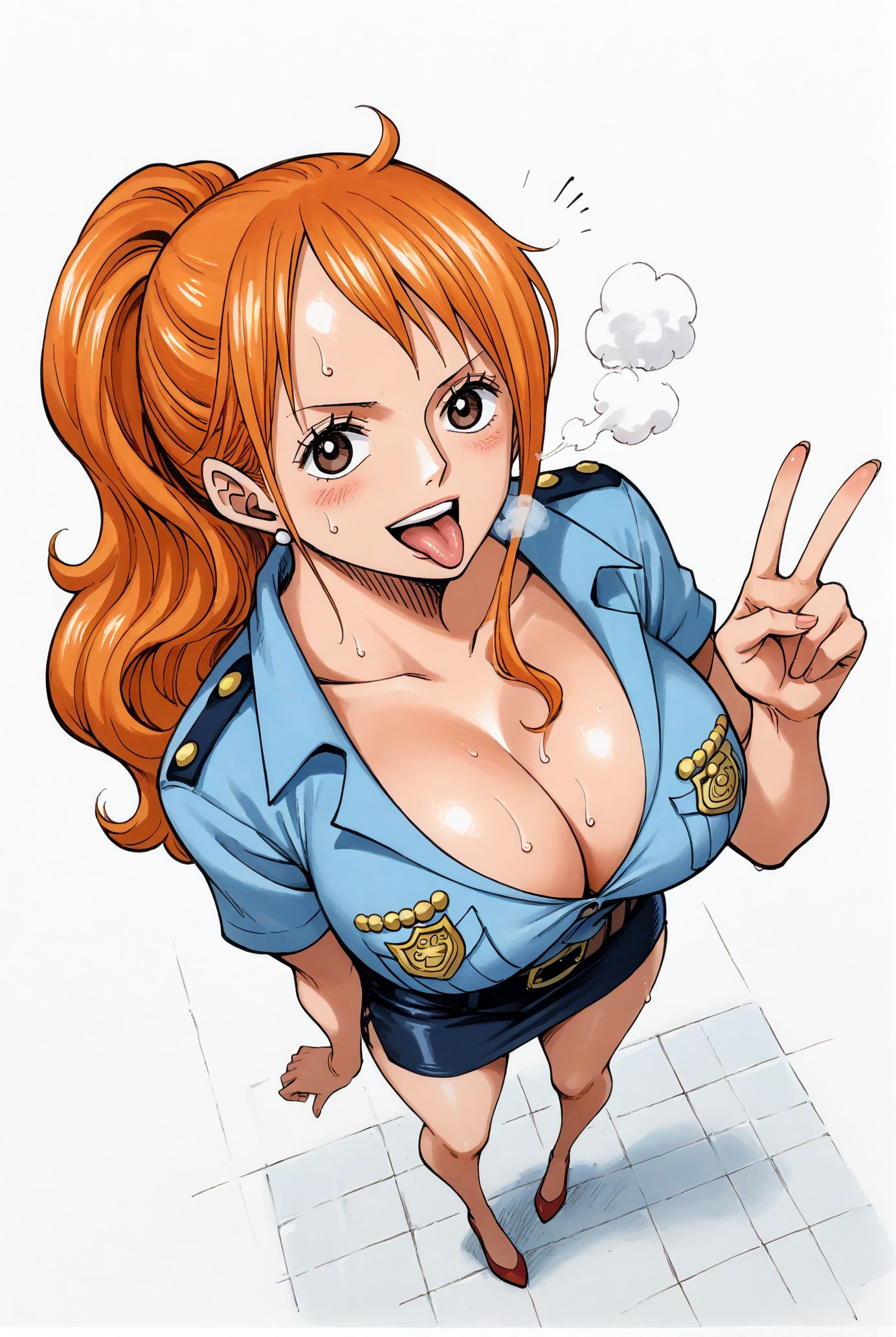 ai_generated alluring big_breasts blush breasts brown_eyes cleavage female female_only long_hair looking_at_viewer nami nami_(one_piece) one_piece open_mouth orange_hair peace_sign police_hat police_officer police_uniform policewoman seducing seduction seductive seductive_body seductive_eyes seductive_gaze seductive_look seductive_mouth seductive_pose shiny_hair shiny_skin skirt sweat sweatdrop sweating sweaty sweaty_body tongue_out voluptuous voluptuous_female yashin