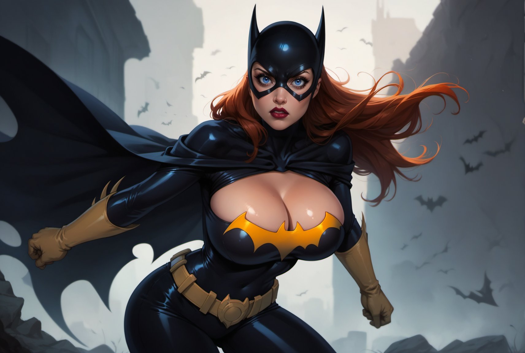 1girls, ai generated, barbara gordon, batgirl, blue eyes, bodysuit, breasts, busty, cleavage, dc, dc comics, female, front view, league69, long hair, looking at viewer, masked female, outdoors, redhead, solo, superhero costume, superheroine