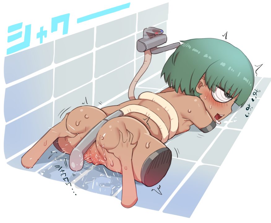 amputee ass ass_grab blunt_bangs blush breasts drooling female female_masturbation green_eyes green_hair kaijin_17 lying masturbation okitaima on_stomach original pussy quadruple_amputee questionable_consent ringed_eyes saliva shower_head showering small_breasts spread_legs the_monstrous_horror_show