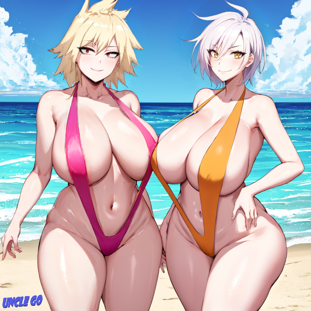 2girls ai_generated beach big_breasts bikini blonde_hair breast_to_breast breasts crossover duo hand_on_hip huge_breasts large_breasts looking_at_viewer manyuu_hikenchou manyuu_kagefusa massive_breasts milf milkers mitsuki_bakugou mother my_hero_academia pink_bikini posing red_eyes samurai self_upload short_hair sling_bikini slingshot_swimsuit smiling spiky_hair stable_diffusion standing tomboy unclego white_hair wide_hips yellow_bikini yellow_eyes