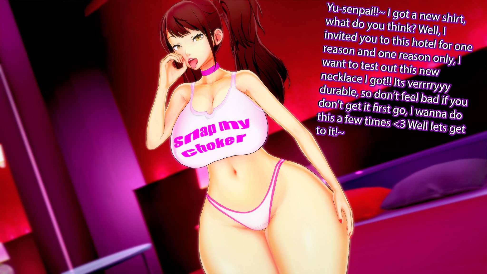 1girls, 3d, blowjob gesture, breasts, brown hair, choker, clothed, english, english text, fellatio gesture, female, female focus, female only, huge breasts, kujikawa rise, light skin, light-skinned female, looking at another, looking at partner, looking at viewer, pale skin, pale-skinned female, persona, persona 4, romantic, tank top, text, text on clothing, text on shirt, text on topwear, that naoto guy, twintails