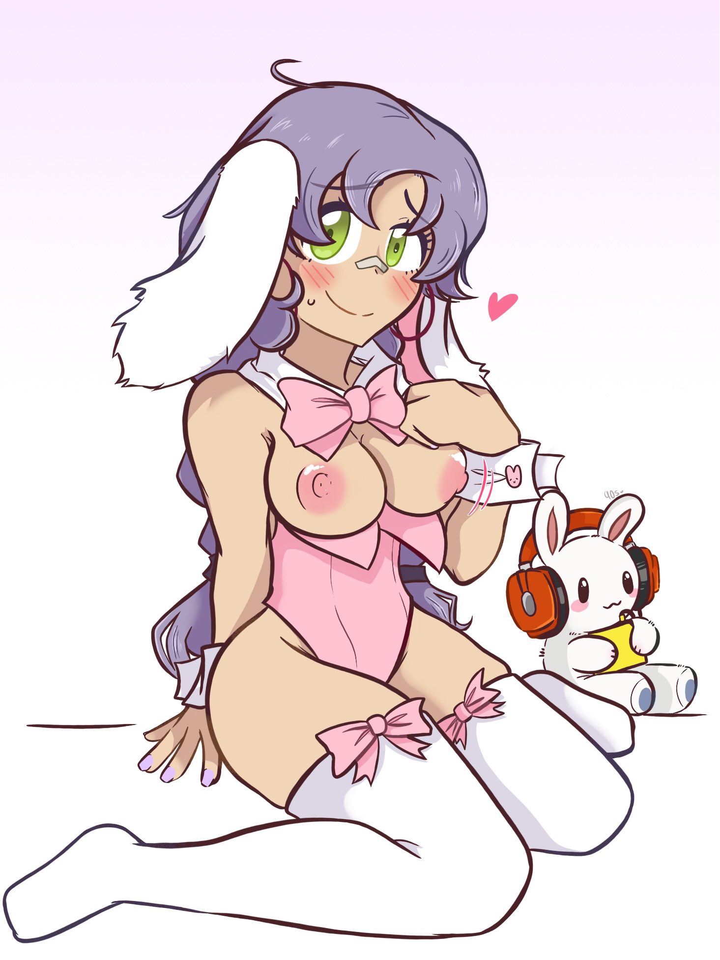 bandage, bandage on nose, blush, breasts, breasts out, bunny ears, bunnysuit, embarrassed, embarrassed female, female, female only, fortnite, hand over breast, heart, hoop earrings, kerowo, looking at viewer, mae (fortnite), mae jr., movement lines, sitting, solo, solo female, thigh highs, thighhighs, twintails, twintails (hairstyle)
