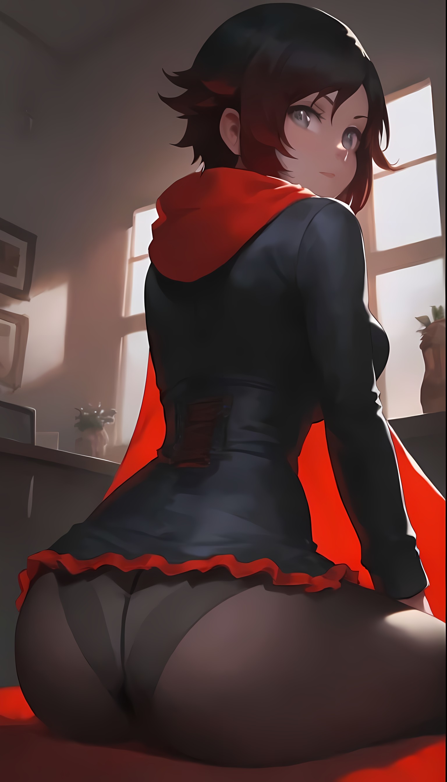 1girls, ai generated, ass, ass focus, back, back view, black dress, black pantyhose, butt focus, female, female only, human, looking at viewer, looking back, panties, pantyhose, red cape, red cloak, ruby rose, rwby, short hair, silver eyes, solo
