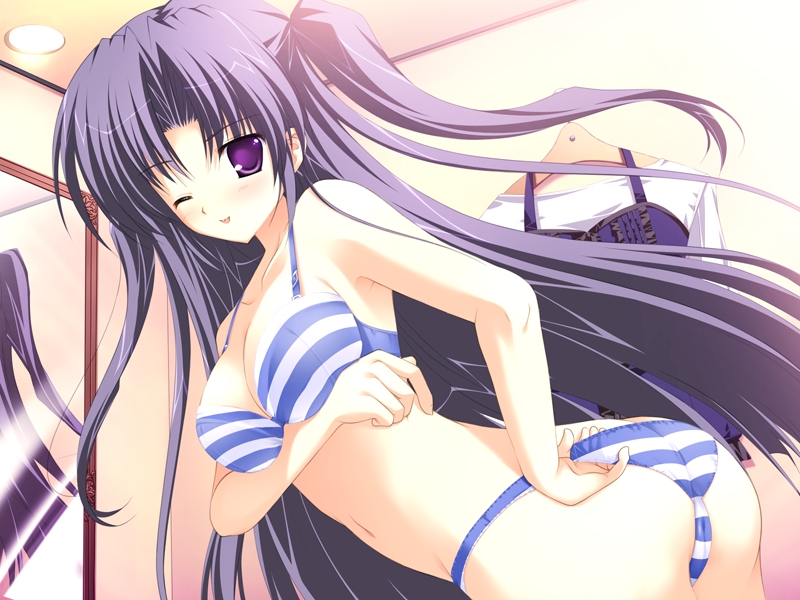 1girls breast_hold breasts female game_cg highres lingerie long_hair lyrical_ds lyrical_lyric mikeou mirror panties purple_eyes purple_hair solo striped striped_bra striped_panties takami_rin tied_hair twintails underwear wink