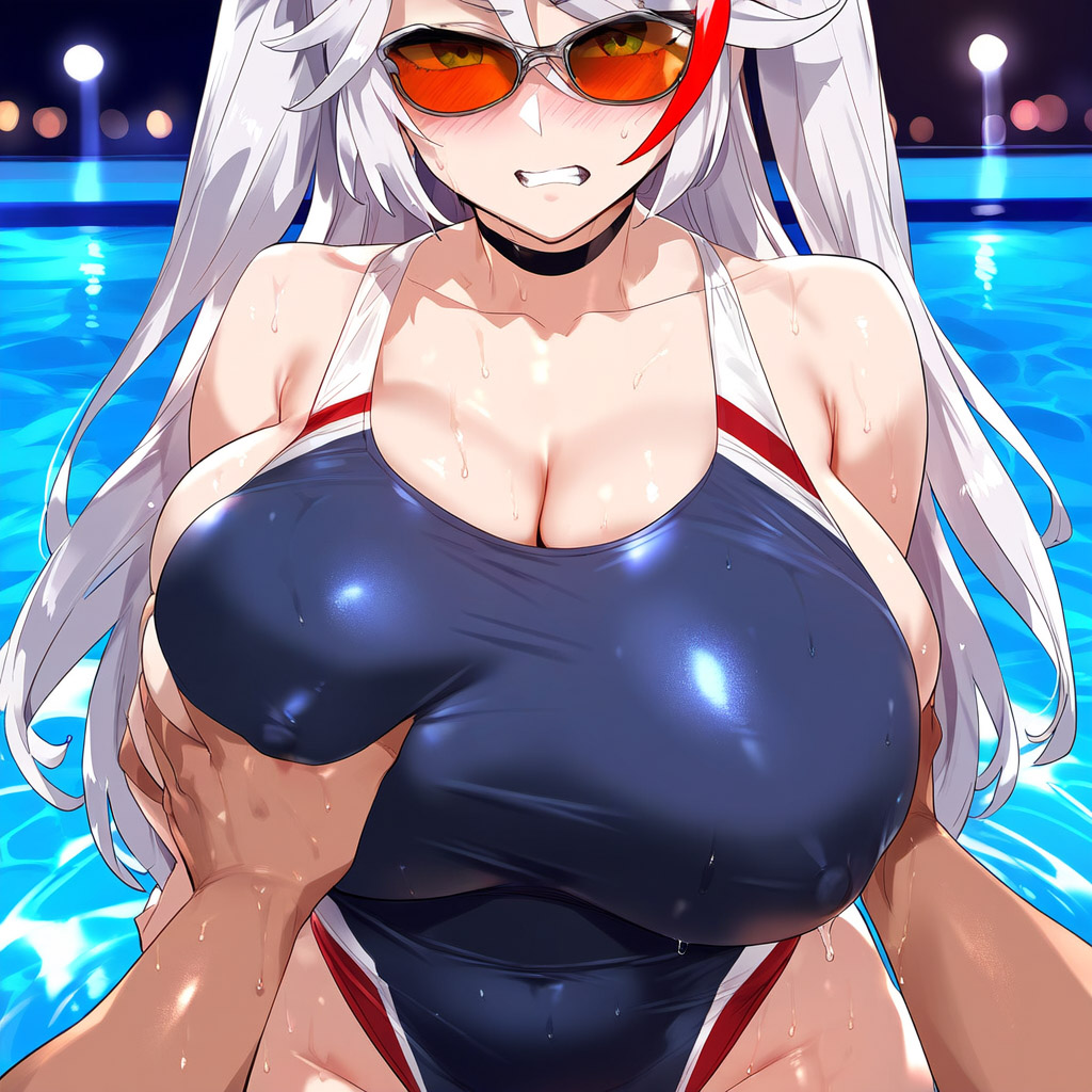 1boy 1girls ai_generated angry antenna_hair azur_lane bangs black_choker blush breasts brown_eyes choker cleavage clenched_teeth collarbone competition_swimsuit covered_nipples disgaea eyebrows_visible_through_hair huge_breasts large_breasts long_hair looking_at_viewer mole pool poolside prinz_eugen_(azur_lane) red_hair silver_hair solo_focus straight streaked_hair sunglasses swept_bangs swimsuit teeth thick_thighs two_side_up wet