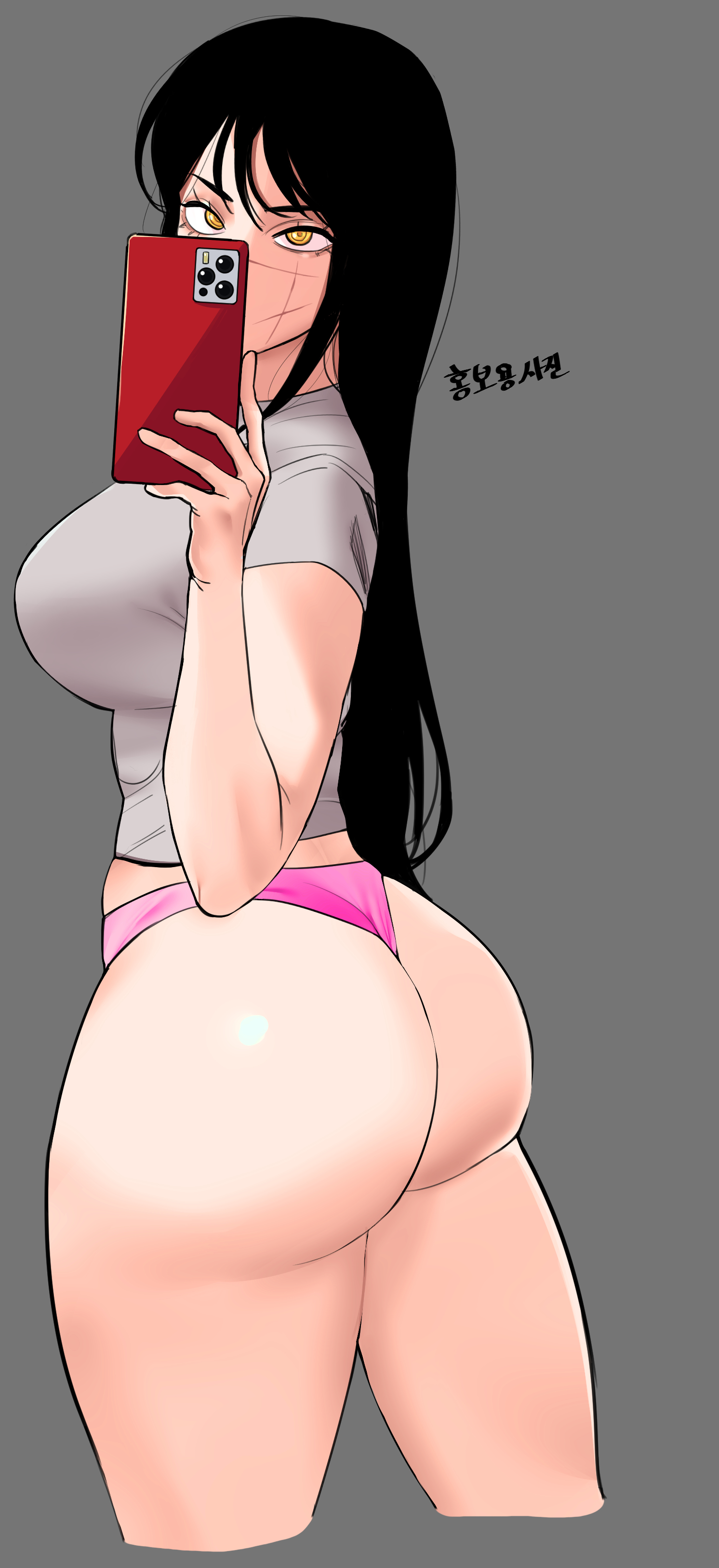 2024, absurdres, ass, black hair, breasts, chainsaw man, grey background, highres, holding, holding phone, huge ass, large breasts, long hair, nakge, nakge06, panties, phone, pink panties, scar, scar on face, selfie, shiny skin, shirt, simple background, solo, standing, thick thighs, thighs, underwear, yellow eyes, yoru (chainsaw man)