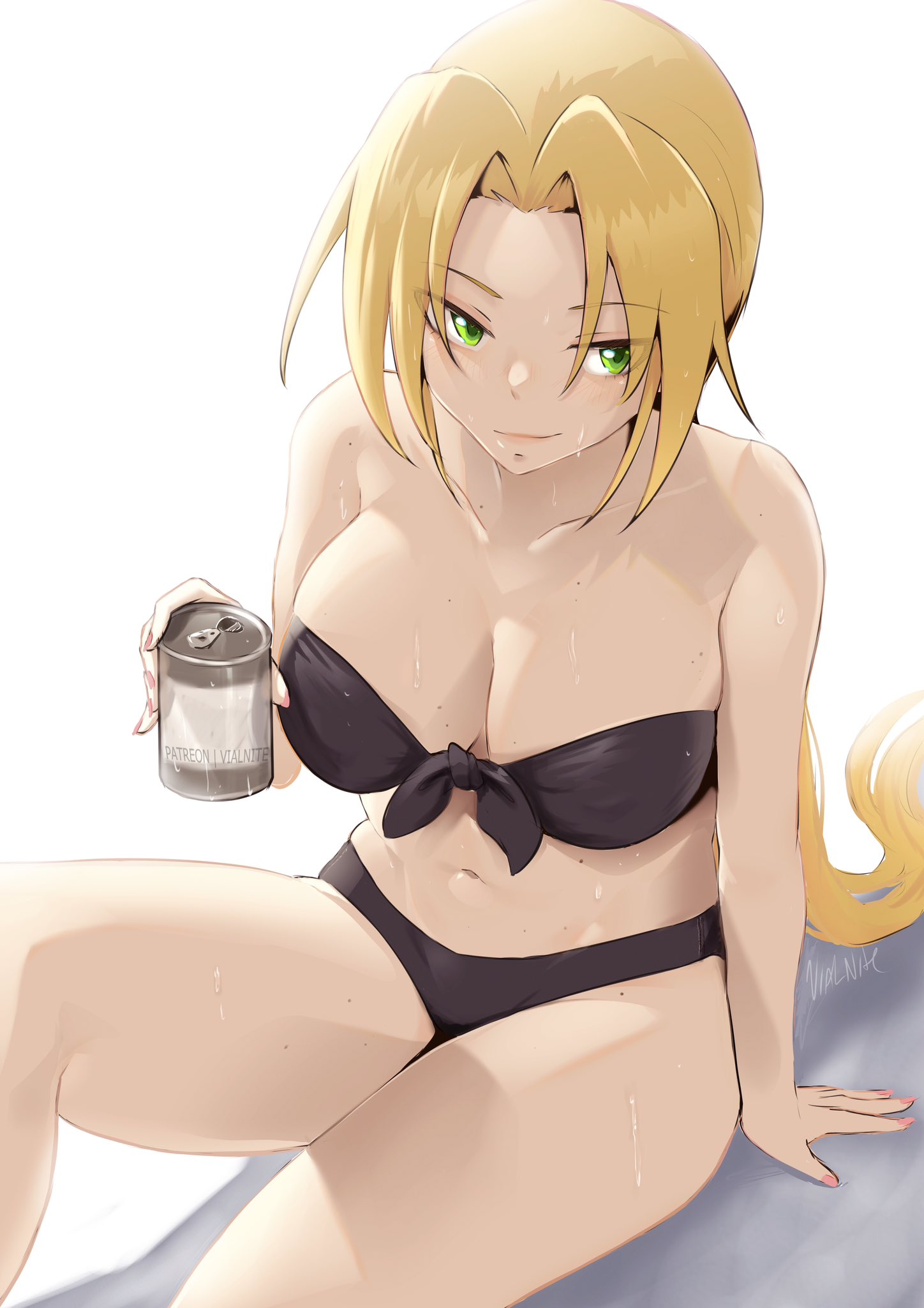 1girls, beer, bikini, blonde hair, female, green eyes, looking at viewer, lucky star, nanako kuroi, simple background, sitting on ground, tagme, very long hair, vialnite