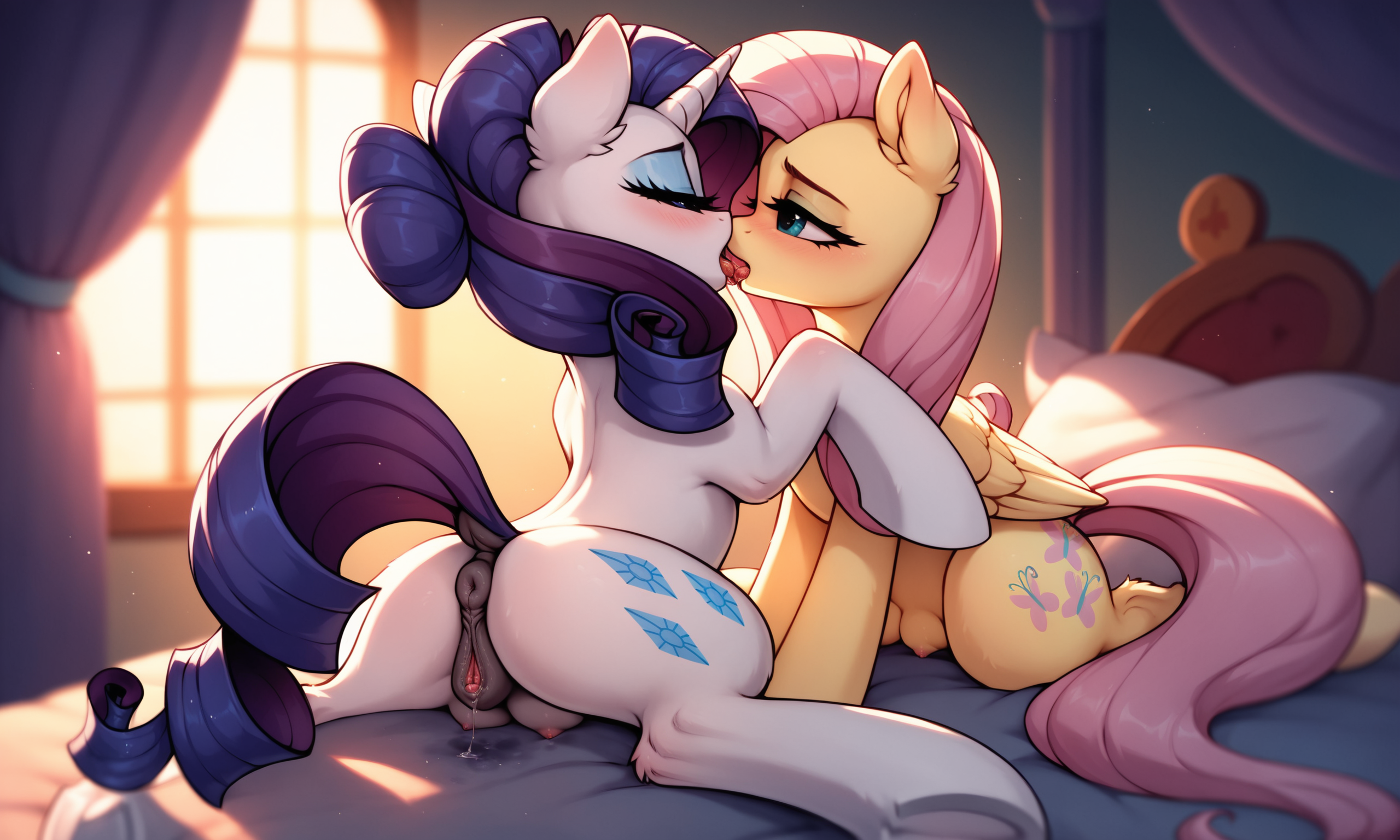 2girls, ai generated, anus, ass, bedroom eyes, blush, breasts, clitoral winking, clitoris, closed eyes, crotchboobs, cutie mark, equine, equine anus, equine genitalia, equine pussy, eyelashes, eyeshadow, female, female only, feral, fluttershy (mlp), friendship is magic, half-closed eyes, hasbro, hi res, horn, horse, kissing, my little pony, nipples, pink hair, pony, purple hair, purple tail, pussy, pussy juice, pussy juice trail, quadruped, rarity (mlp), rear view, sitting, smile, tail, unicorn, unsauceballs, white body, white fur, yellow body, yuri