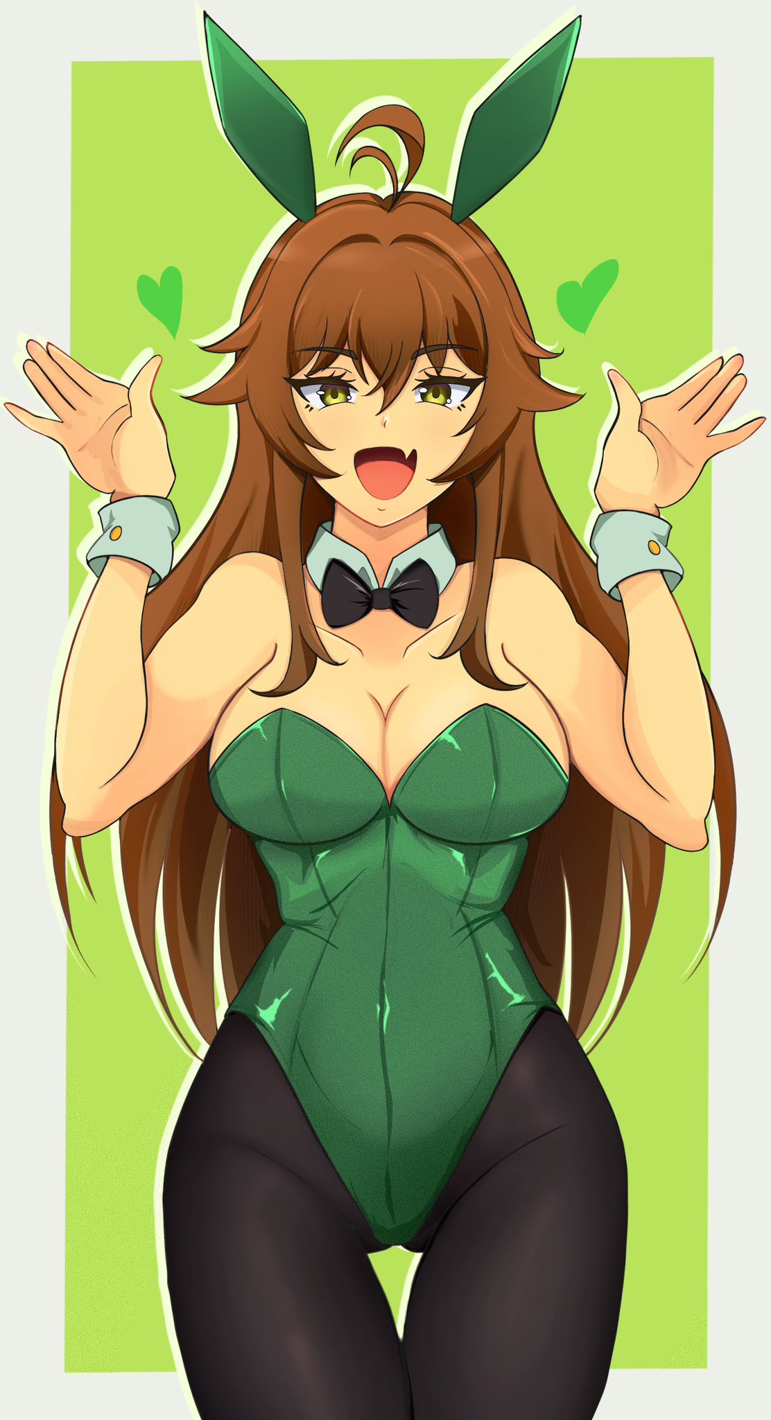 1girls 2d 2d_(artwork) alternate_costume brown_hair bunny_ears bunnysuit cleavage dahlia_kai female female_focus female_only front_view green_bunnysuit green_eyes hourglass_figure latam_virtual_youtuber lefolk light-skinned_female light_skin long_hair looking_at_viewer medium_breasts open_mouth ribbon smiling smiling_at_viewer solo_female solo_focus standing virtual_youtuber vtuber vtuberfanart young younger_female