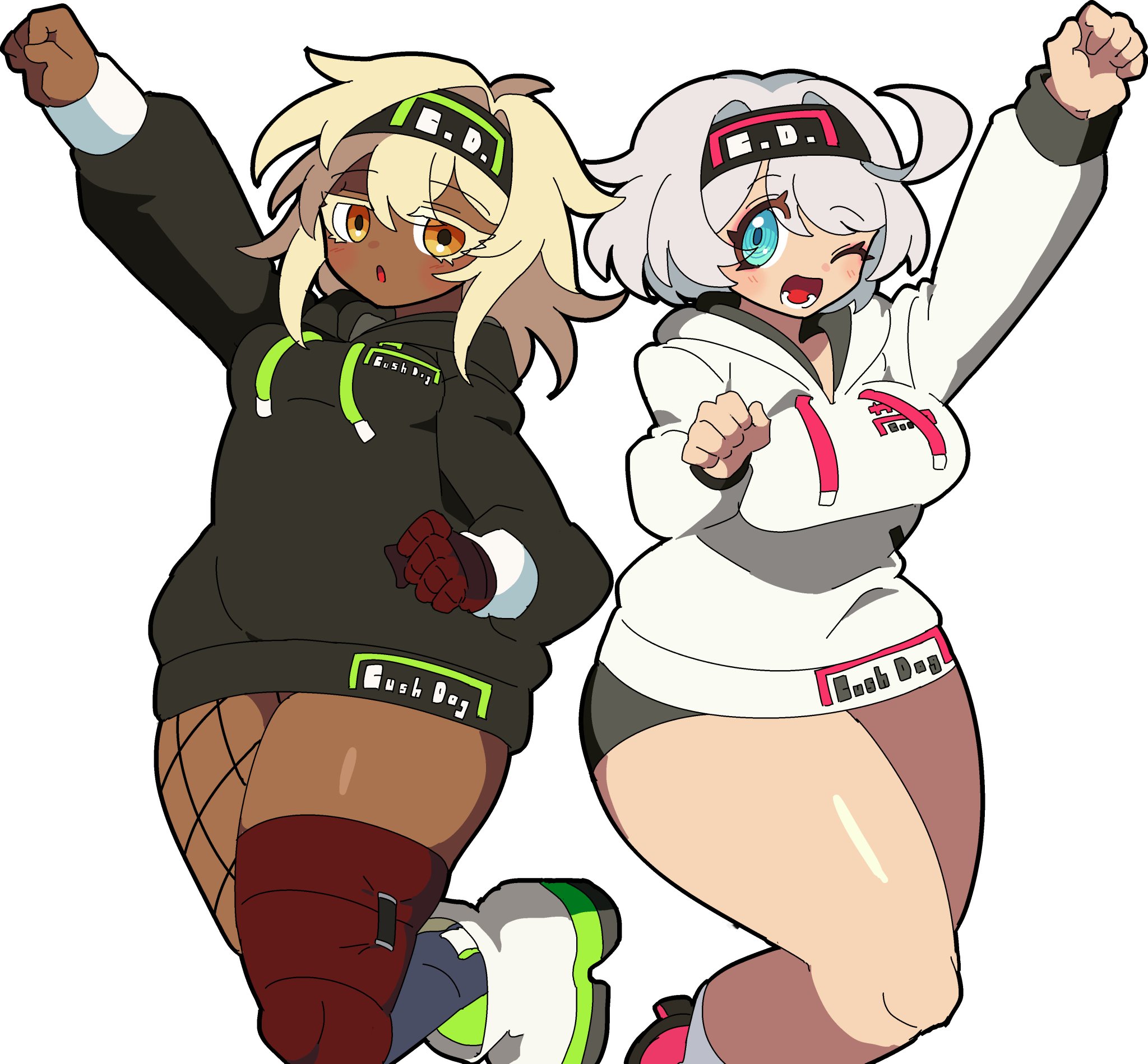 :d, :o, 2girls, alternate costume, breasts, elphelt valentine, female, fishnet legwear, guilty gear, hoodie, kekeken (9vsqgrq7v2wnvby), large breasts, ramlethal valentine, thick thighs, wink