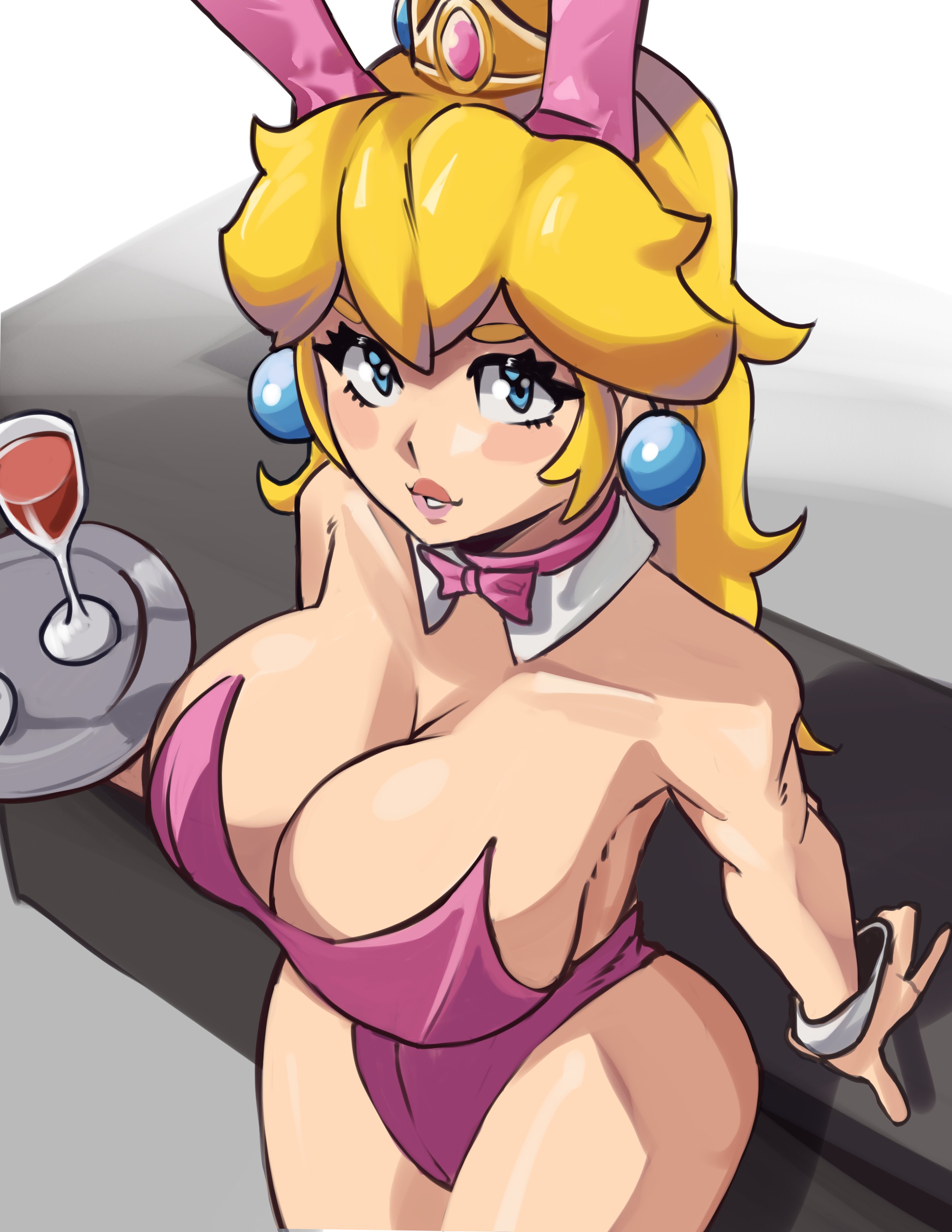 1girls, 2d, arm support, big breasts, blonde hair, blue eyes, breasts, bunny ears, bunny girl, bunnysuit, bursting breasts, busty, child bearing hips, cleavage, female, female only, large breasts, legs, leotard, light skin, light-skinned female, long hair, looking at viewer, mario (series), moxydrawsmore, nintendo, pale skin, pale-skinned female, parted lips, princess peach, sensual, smile, solo, thick thighs, thighs, wide hips