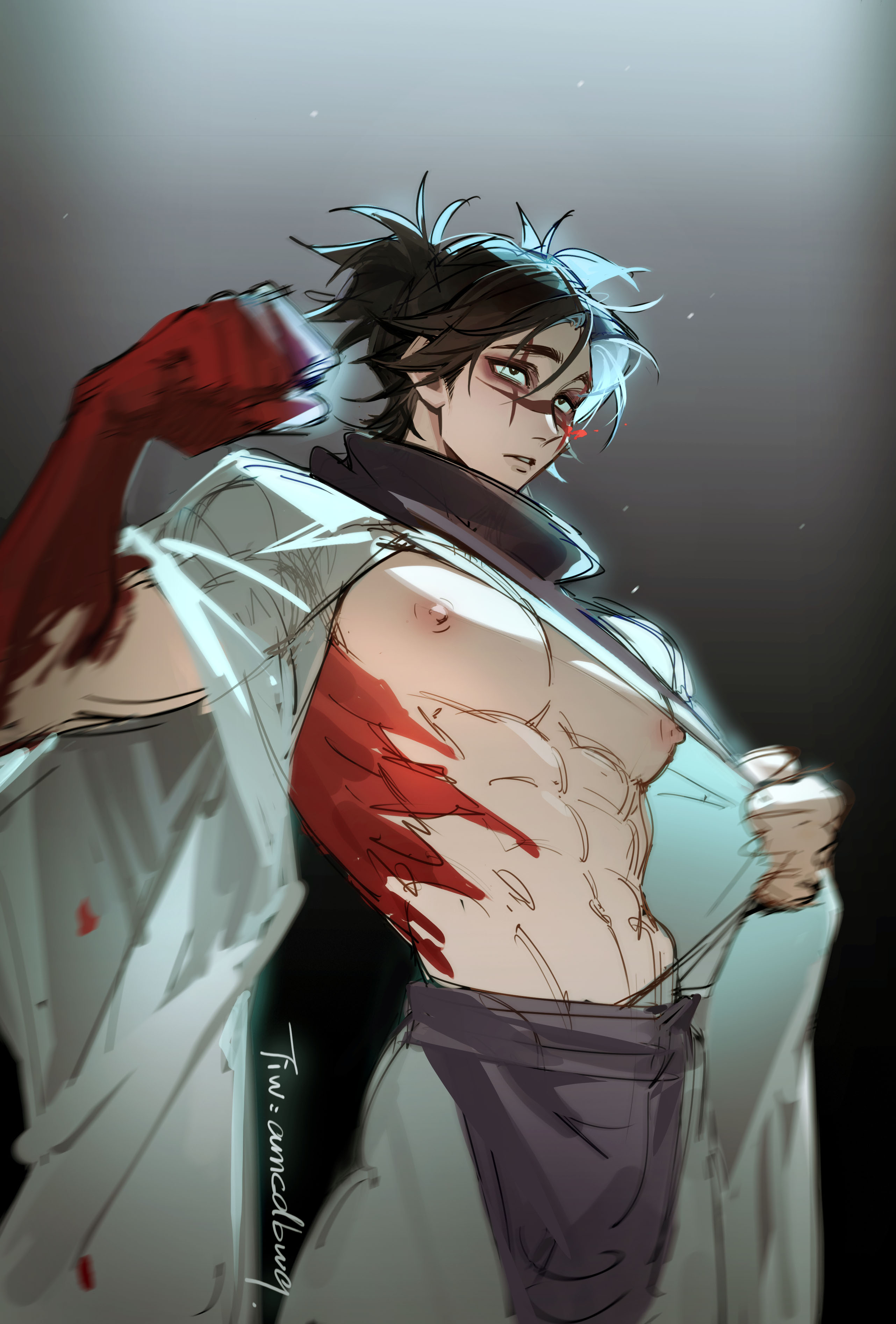1boy, abs, amcdbwq, artist signature, choso kamo, exposed pecs, exposed torso, jujutsu kaisen, male, male only, muscular, muscular male, pecs, pectorals, ripped clothing, ripped shirt, robe, tagme