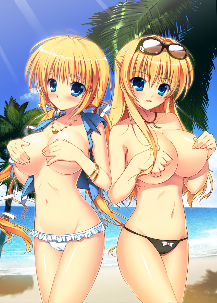 2girls bare_shoulders beach bikini bikini_bottom black_bikini blonde_hair blue_eyes blush breasts cameltoe cloud covering covering_breasts crop_top frilled_bikini frills game_cg hair_ribbon high_resolution huge_breasts jewelry kazamatsuri_koromo kazamatsuri_mana large_breasts long_hair looking_at_viewer lowleg lowleg_bikini manatsu_no_yoru_no_yuki_monogatari mikeou mound_of_venus multiple_girls navel necklace no_bra open_clothes open_mouth open_shirt palm_tree ribbon sand shiny shiny_skin shirt siblings sisters sky smile sunbeam sunglasses sunglasses_on_head sunlight swimsuit tied_hair topless tree twins twintails water white_bikini