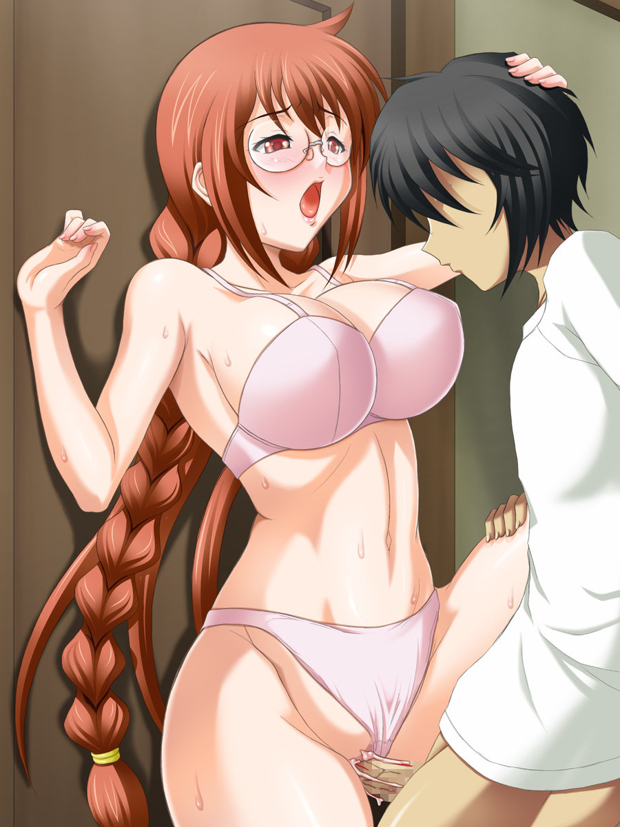 auburn_hair black_hair blood blush bra breasts censored clothing cum cum_inside glasses hair large_breasts long_hair matsu_(sekirei) medium_breasts panties sahashi_minato sekirei short_hair sweat tomite underwear virgin virginal_blood