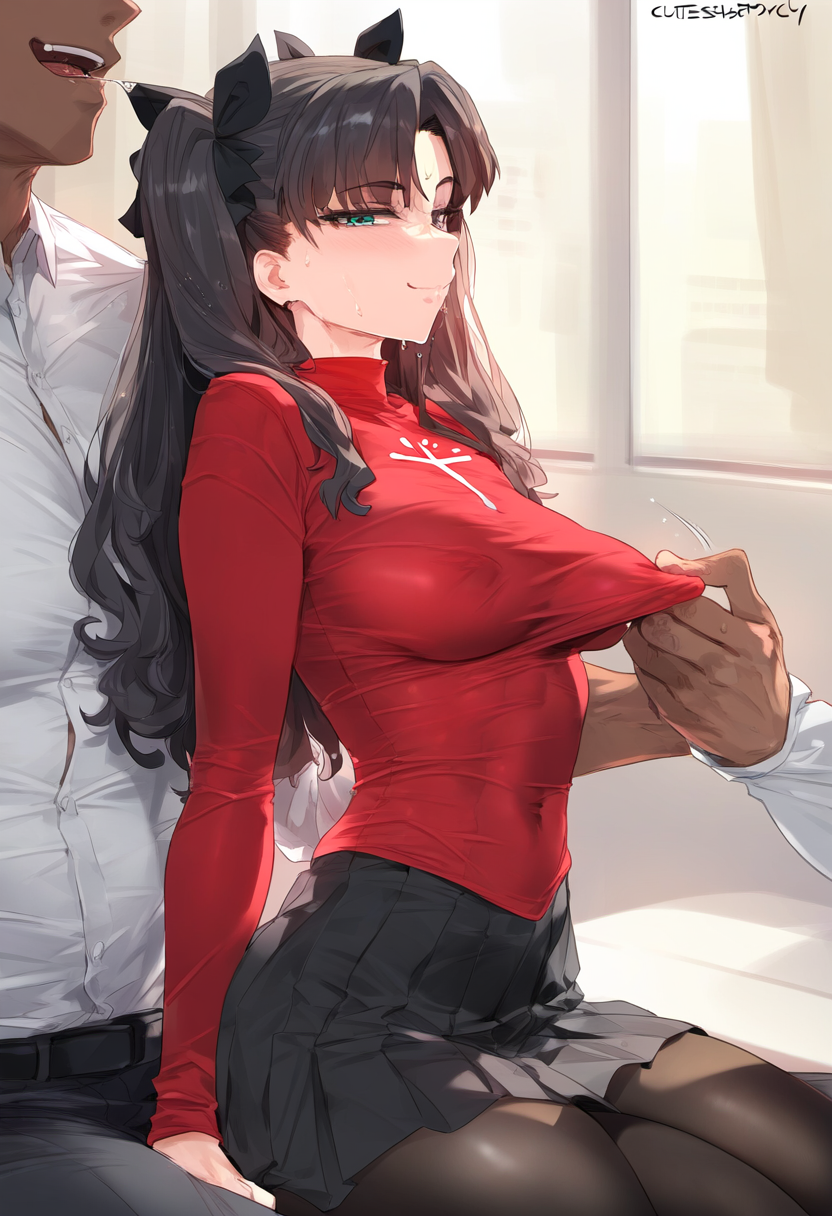 1boy, 1girls, ai generated, dark skin, dark-skinned male, fate (series), fate/grand order, fate/stay night, fate/zero, female, human, interracial, male, smug, smug face, tagme, tharkica, tohsaka rin