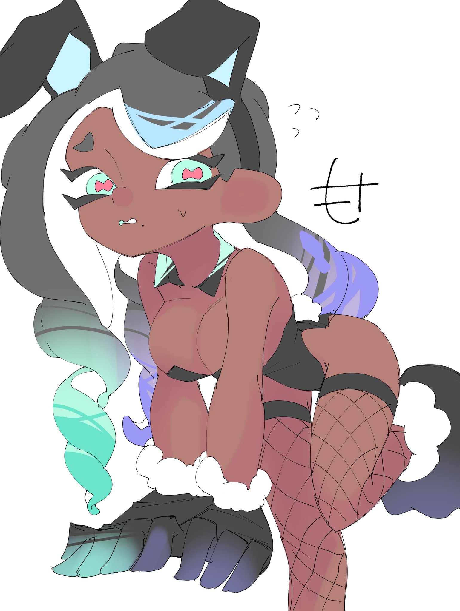 arm support, asymmetrical hair, bending forward, big breasts, black collar, black gloves, black hair, breasts, bunny ears, bunnysuit, cephalopod eyes, cleavage, cyan eyes, dark skin, dark-skinned female, detached collar, dyed hair, female, fishnet legwear, fishnet thighhighs, fishnets, gloves, hands together, leotard, long hair, looking at viewer, marina (splatoon), mocamocaink, octoling, one leg up, splatoon, splatoon 2, sweat, thigh highs