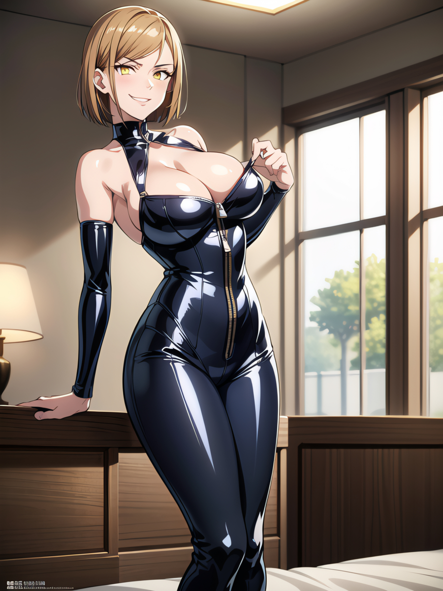 ai_generated big_breasts black_outfit jujutsu_kaisen kugisaki_nobara latex naughty_face smirk smirking smug smug_face zipper