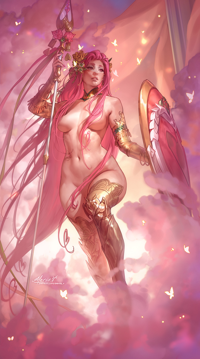 aleriia_v aphrodite_(hades) artistic_nude artistic_nudity covered_breasts covered_nipples digital_painting_(artwork) divine_slut female female_focus female_only goddess hades_(game) hades_2 hair_covering_breasts holding_weapon hourglass_figure lerapi medium_breasts no_visible_genitalia nonsexual nudist ornate_clothing pink_eyes pink_hair pinup posing_with_weapon realistic_breast_size solo_female solo_focus wide_hips