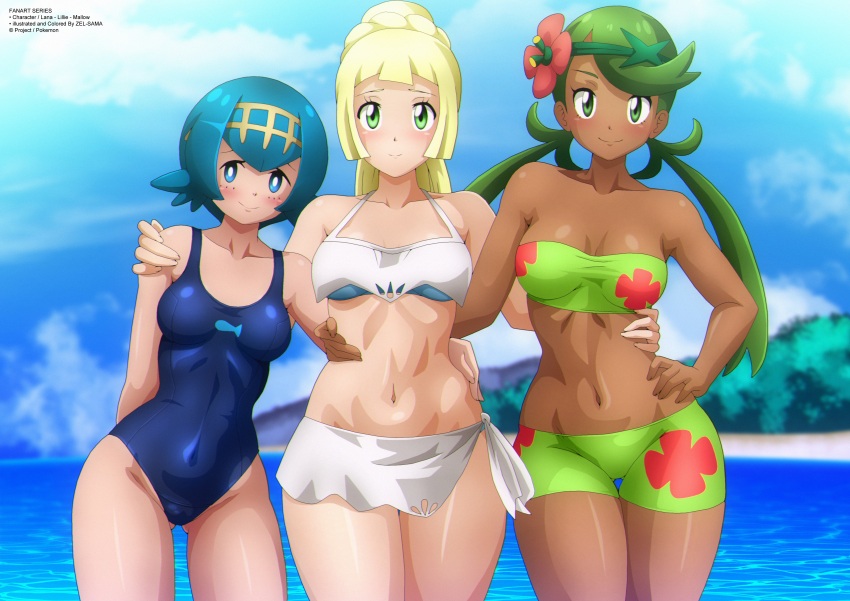 3girls artist_name beach belly_button bikini blonde_hair blue_eyes blue_hair clouds dark-skinned_female female female_only flower_in_hair flower_pattern game_freak green_bikini green_eyes green_hair holding_each_other human lana_(pokemon) lillie_(pokemon) looking_at_viewer mallow_(pokemon) medium_breasts multiple_girls nintendo ocean pokemon pokemon_sm ponytail short_hair swimsuit thick_thighs twintails white_bikini wide_hips zel-sama