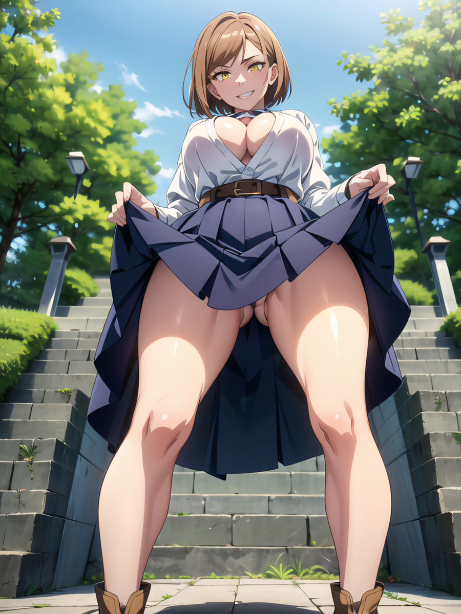 1girls ai_generated ass_visible_through_thighs big_breasts female from_below jujutsu_kaisen kugisaki_nobara low-angle_view smirk smirking smug solo thick_thighs thighs upskirt