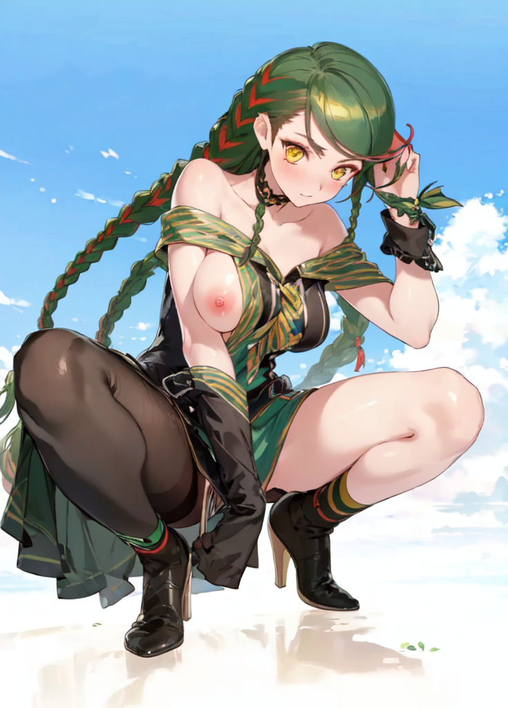 ai_generated big_breasts braided_hair green_hair nutaku project_qt spread_legs tiffany_(project_qt) yellow_eyes