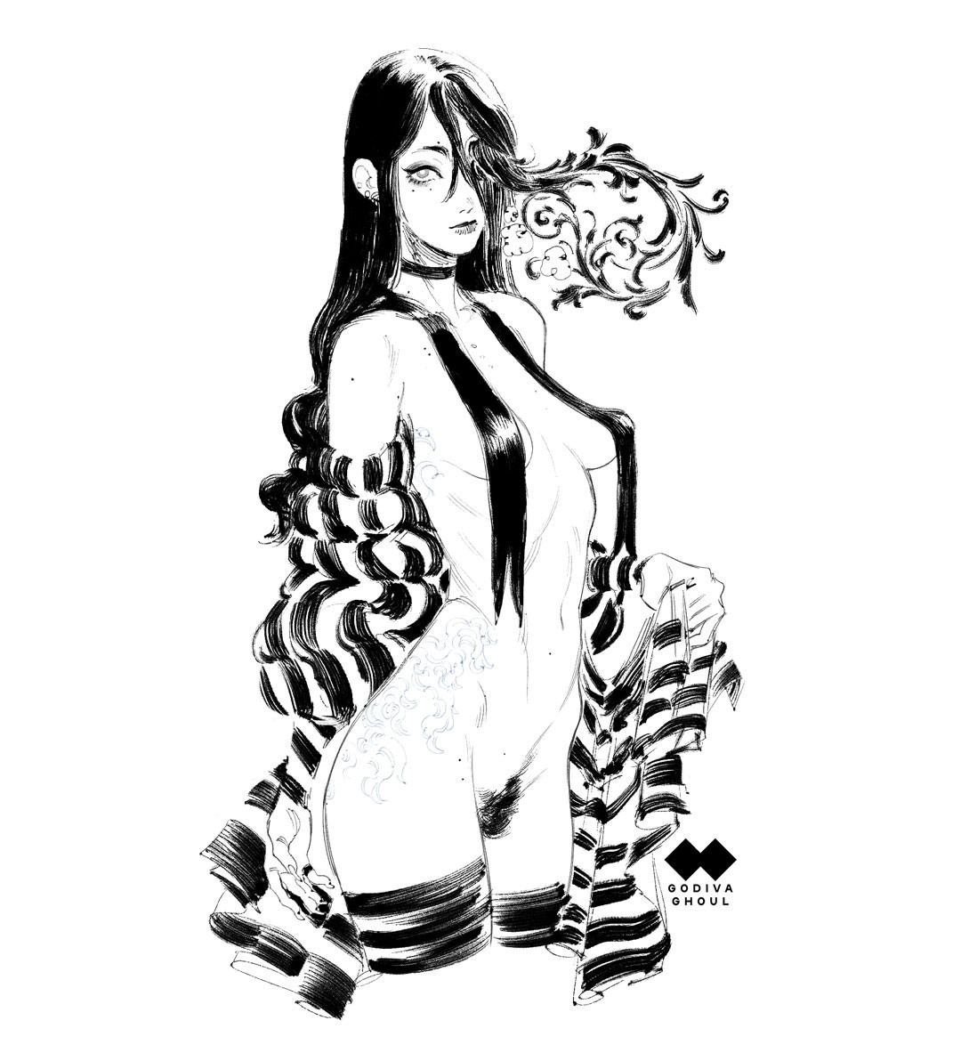 1girls, breasts, female, godiva ghoul, hair covering breasts, monochrome, nude, pubic hair, tagme, tattoo