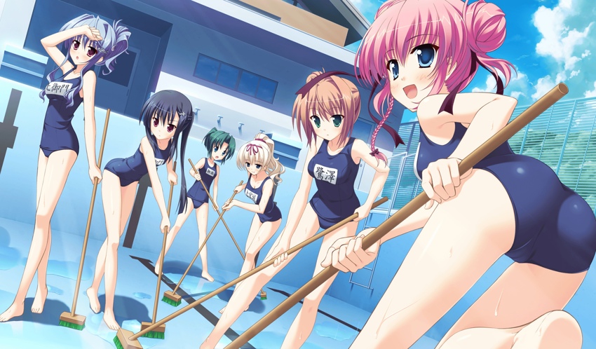 6+girls aqua_eyes ass bare_shoulders barefoot black_hair blonde_hair blue_eyes blue_hair blush braid breasts brown_hair brush cameltoe cloud double_bun game_cg green_eyes green_hair hair_ornament hair_ribbon hairclip high_resolution kamiyagi_ruriko kitamikado_ayaka kitamikado_ritsuko ladder large_breasts leaning_forward long_hair looking_at_viewer multiple_girls one-piece_swimsuit open_mouth pink_hair pool princess_evangile purple_eyes ribbon rousen'in_rise saeki_nao sagisawa_chiho school_swimsuit short_hair single_braid sky smile swimsuit wallpaper water wet yamakaze_ran yanase_konomi