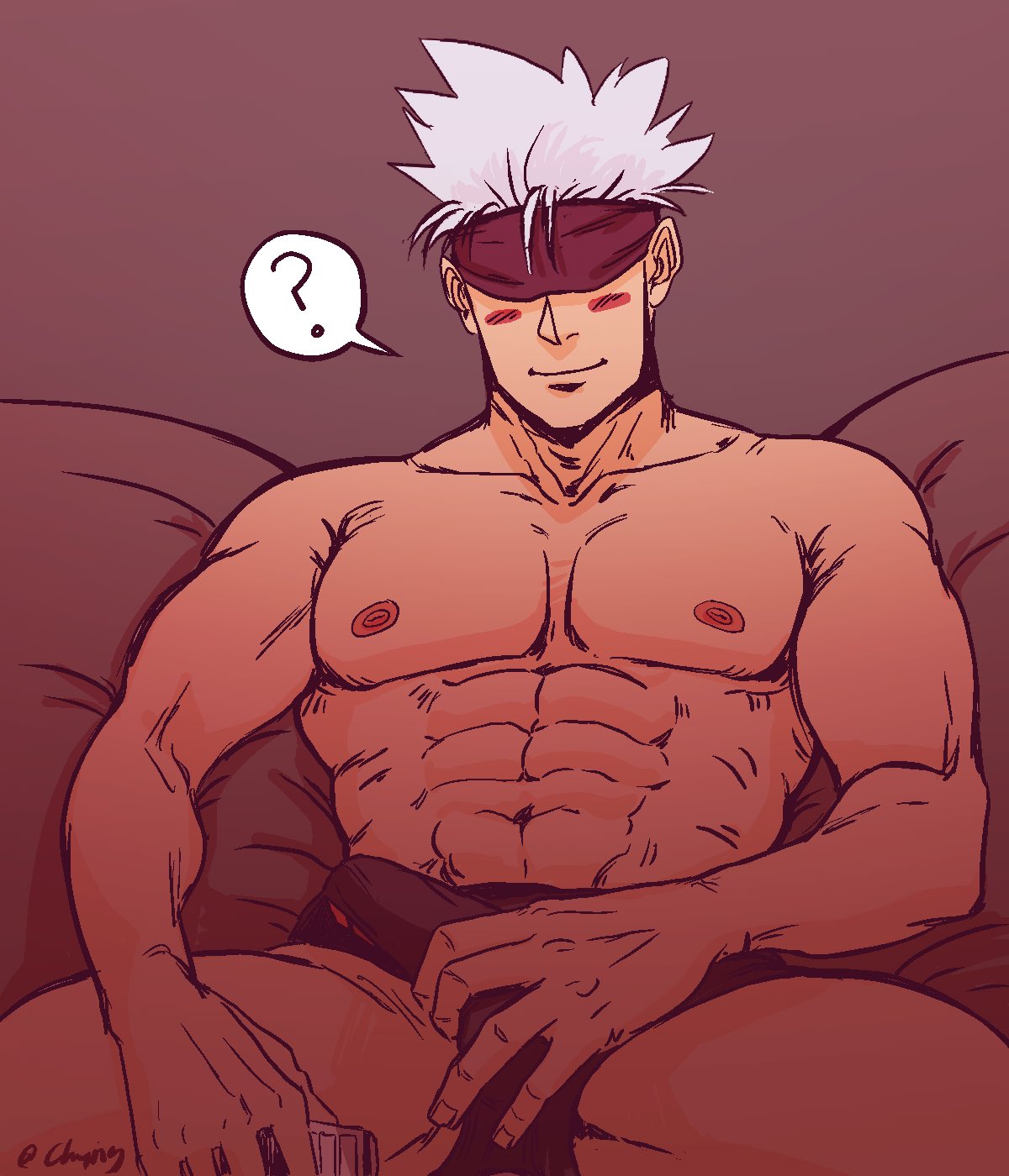 2boys abs black_underwear blindfold blush blush erect_nipples erect_penis erection grabbing_penis jujutsu_kaisen male male_focus male_only muscles muscular muscular_male nipples old_man older_male pink_nipples satoru_gojo short_hair solo solo_focus solo_male underwear white_hair