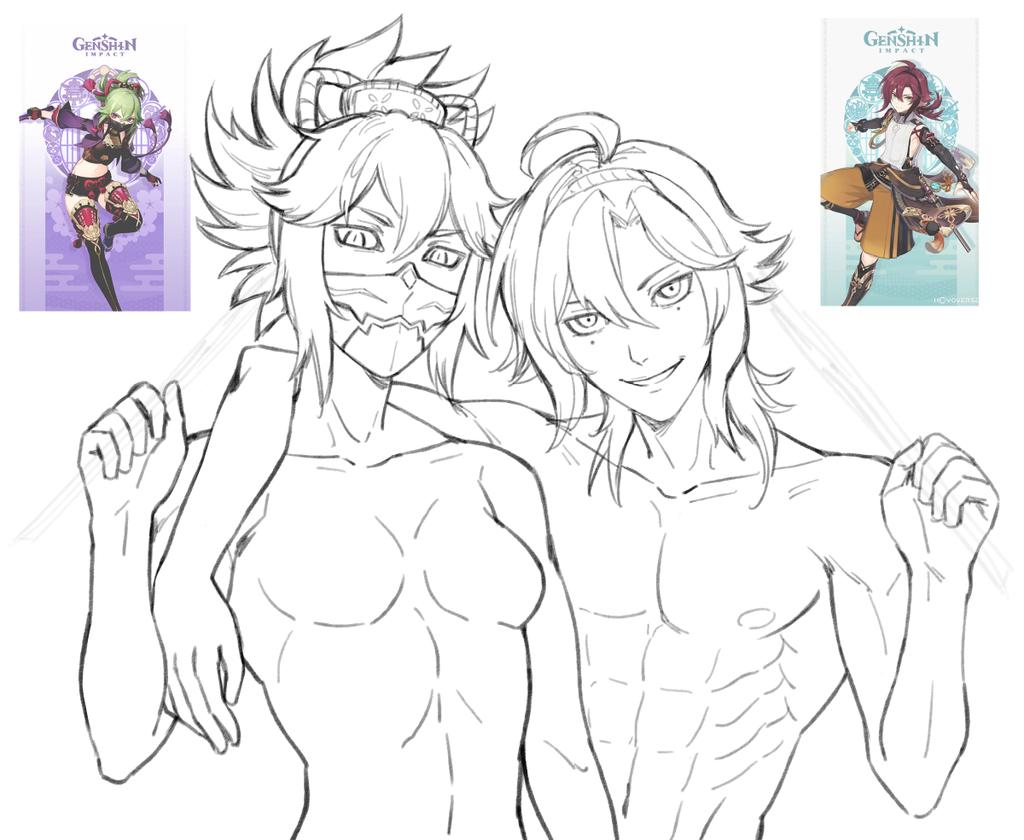 1boy 1girls arm_on_shoulder beauty_mark beauty_mark_under_eye female genshin_impact kuki_shinobu male male/female mask masked_female shikanoin_heizou shirtless shirtless_male straight toned toned_body toned_male topless