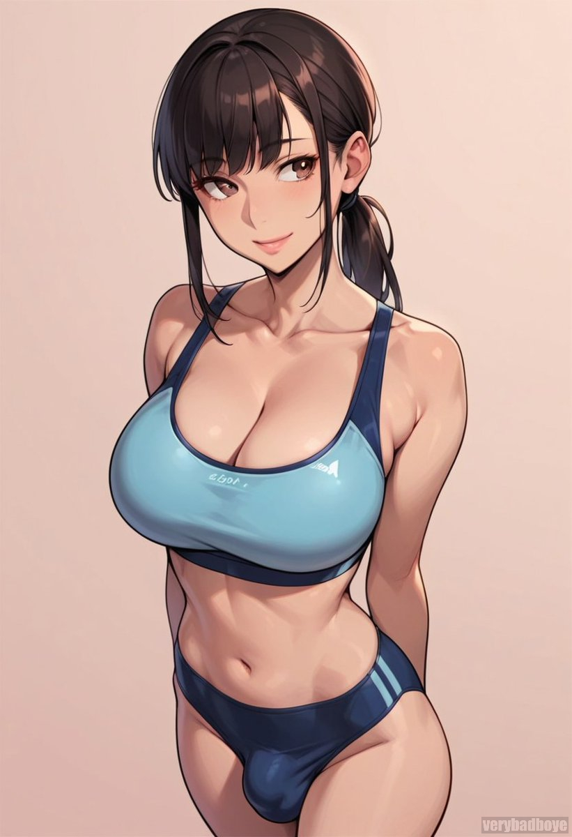 1futa ai_generated blush blush brown_eyes brown_hair bulge bulge_through_clothing futanari gym_clothes gym_uniform looking_to_the_side ponytail smile smiling sports_bikini sports_bra sportswear thin_waist verybadboye